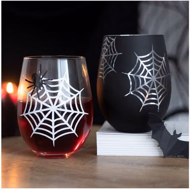 KDMK Set of 2 Spider and Web Stemless Wine Glasses, Multicolour Transparent Glass, 500 ml