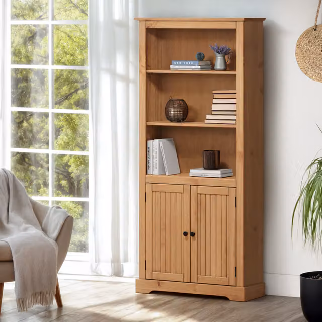 Mercers Furniture Country 2 Door Bookcase in Antique Waxed Brown Solid Pine Wood