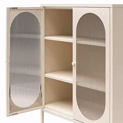 Dorel Home Luna Metal Cabinet with 2 Fluted Glass Doors in Beige, W: 80 cm, D: 40 cm, H: 102 cm – 4