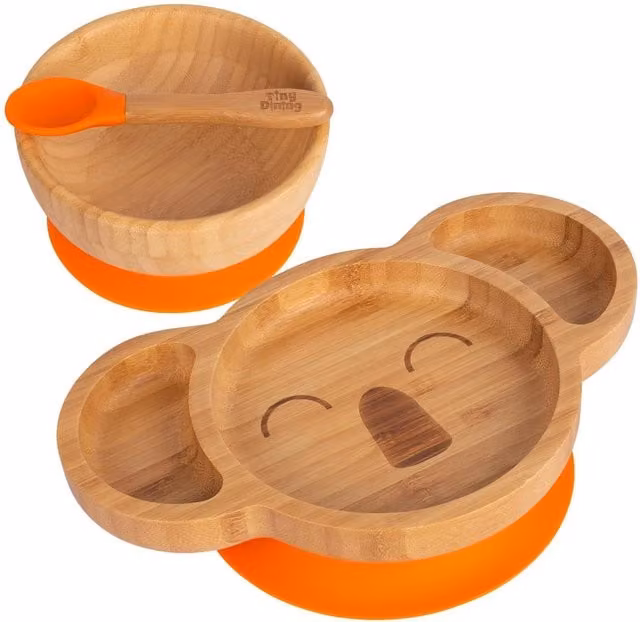 Tiny Dining Childrens Bamboo and Silicone Koala Suction Divided Dinner Set in Orange