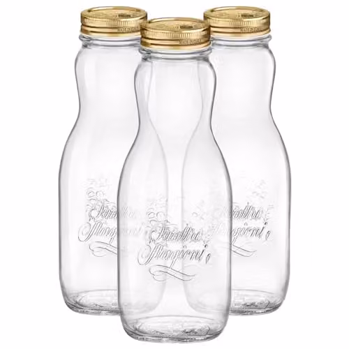 Bormioli Rocco Quattro Stagioni Glass Juice Bottles with Screw Top Lid, 1 l, Pack of 3, Transparent and Gold