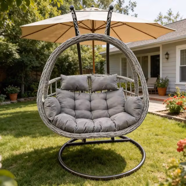 Fimous Rattan Love Egg Hanging Chair with Thick Cushion in Dark Grey for Indoor and Outdoor Use