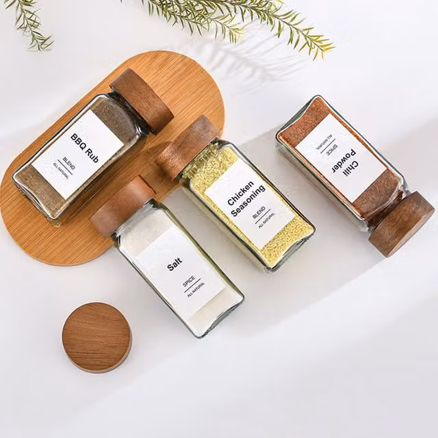 Livingandhome Airtight Glass Spice Jar with Wooden Lid, Funnel and Sticky Labels, Brown and Transparent