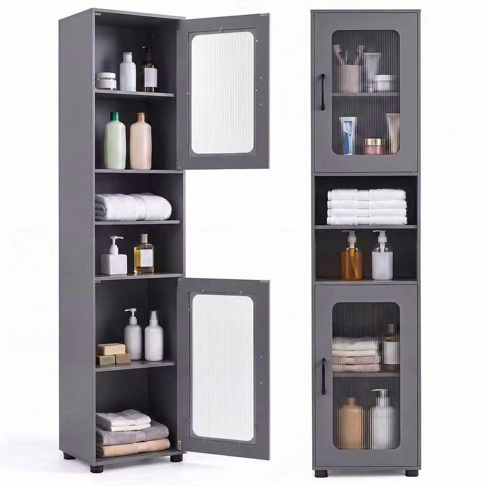 Costway Tall Grey Bathroom Storage Cabinet with Glass Doors and Adjustable Internal Shelves – 7