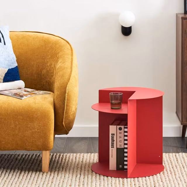 Wyld and Coco Red Round Geometric Iron Side Table with Open Side and Built-In Shelf, W/D/H: 45 x 40 x 8 cm