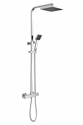 nuie JTY386 Modern Square Thermostatic Bar Shower Kit with Handset and Rain Shower Head, Chrome and Black