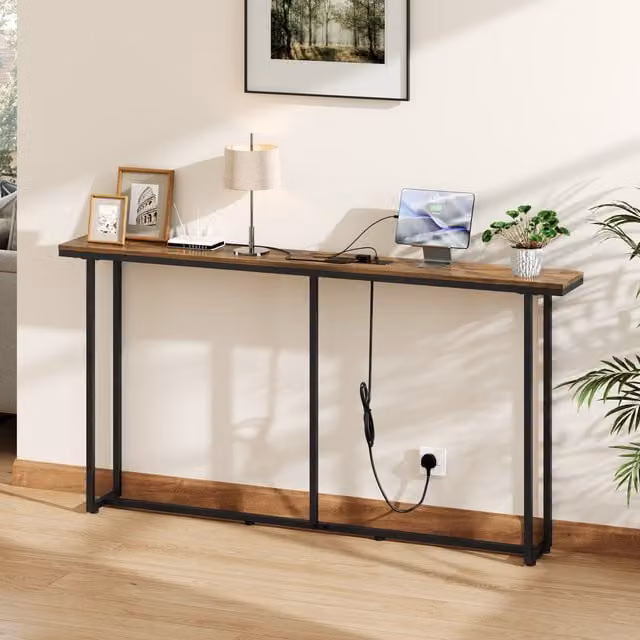 Yaheetech Modern Long Console Table with Power Station in Brown and Black