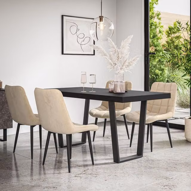 More4Homes Aria Dining Table and Nova Velvet Dining Chair Set, Black Table with 6 Beige Chairs