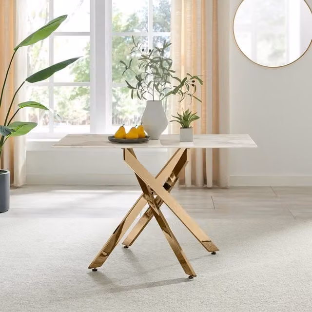 FurnitureboxUK Leonardo 4-Seater Rectangular Dining Table with White Marble Effect Glass Top and Gold Metal Legs – 1