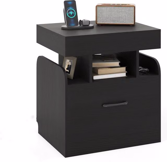 COSTWAY Modern Side Table with Charging Station in Black