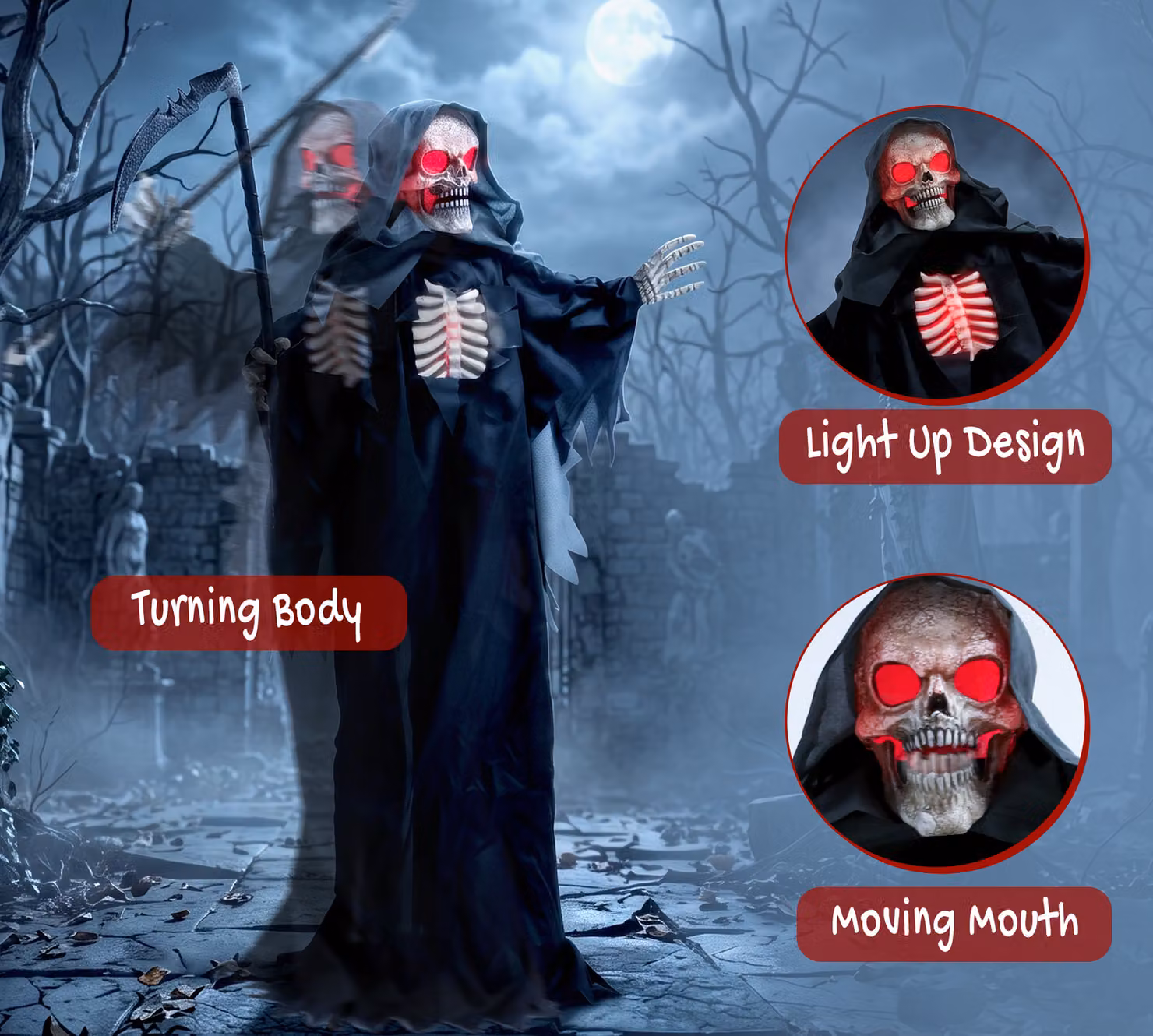 HOMCOM 170cm Life Size Animated Grim Reaper Halloween Decoration with Sound and Touch Activation in Red and Black – 5