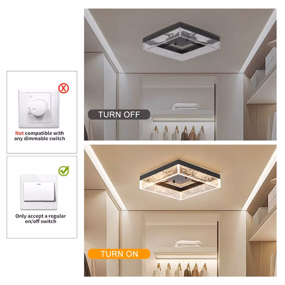 NIVOR Modern Square LED Flush Mount Ceiling Light with Black Bubble Shade, Warm White 3000K – 4