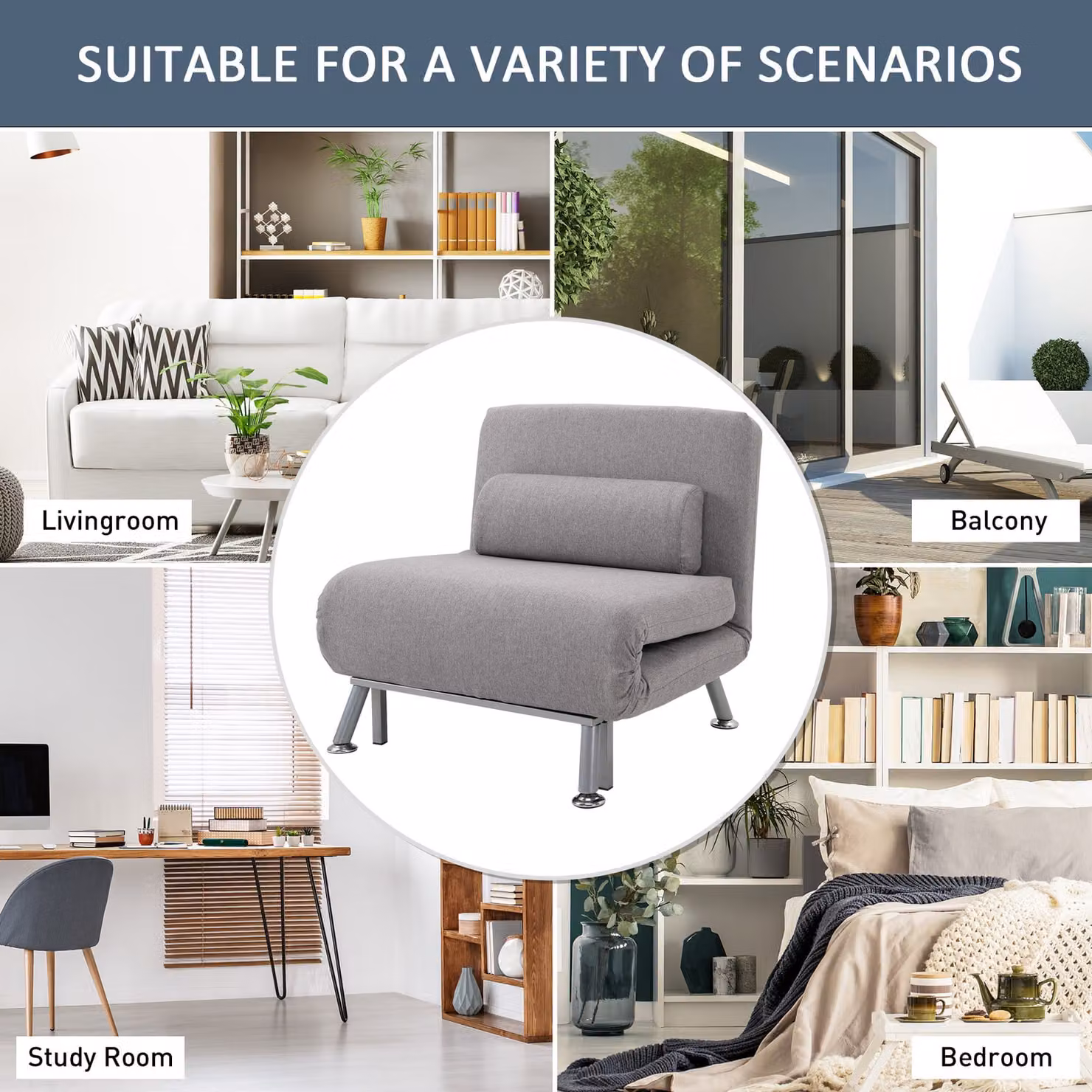 HOMCOM Single Sofa Bed Futon Chair Sleeper in Grey with Metal Frame and Microfibre Fabric – 6