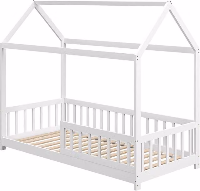HOMCOM House-Shaped Solid Wood Kids Bed Frame with Guard Rails in White, 90 x 190 cm – 1