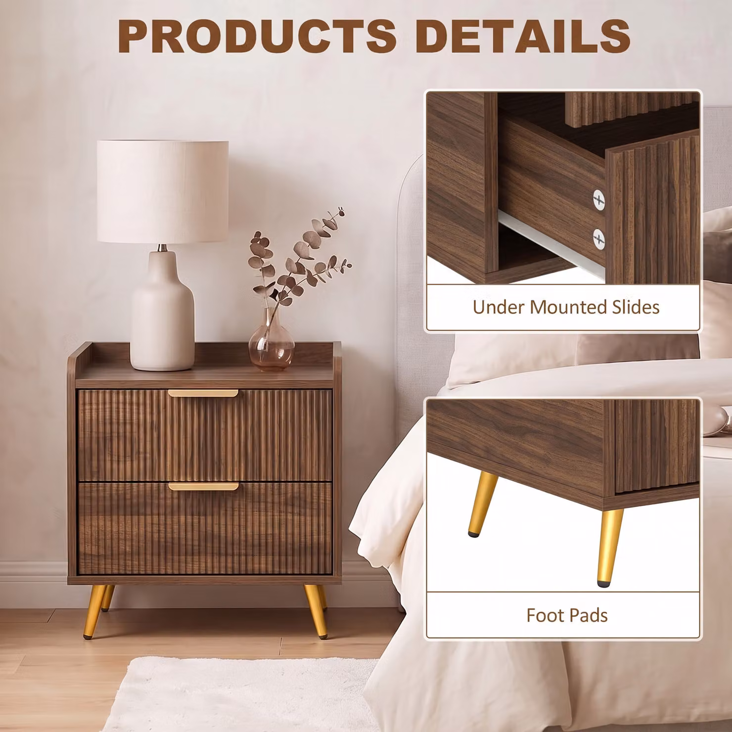 HOMCOM Modern Wall Mounted Two-Drawer Bedside Table in Walnut Brown and Gold – 4