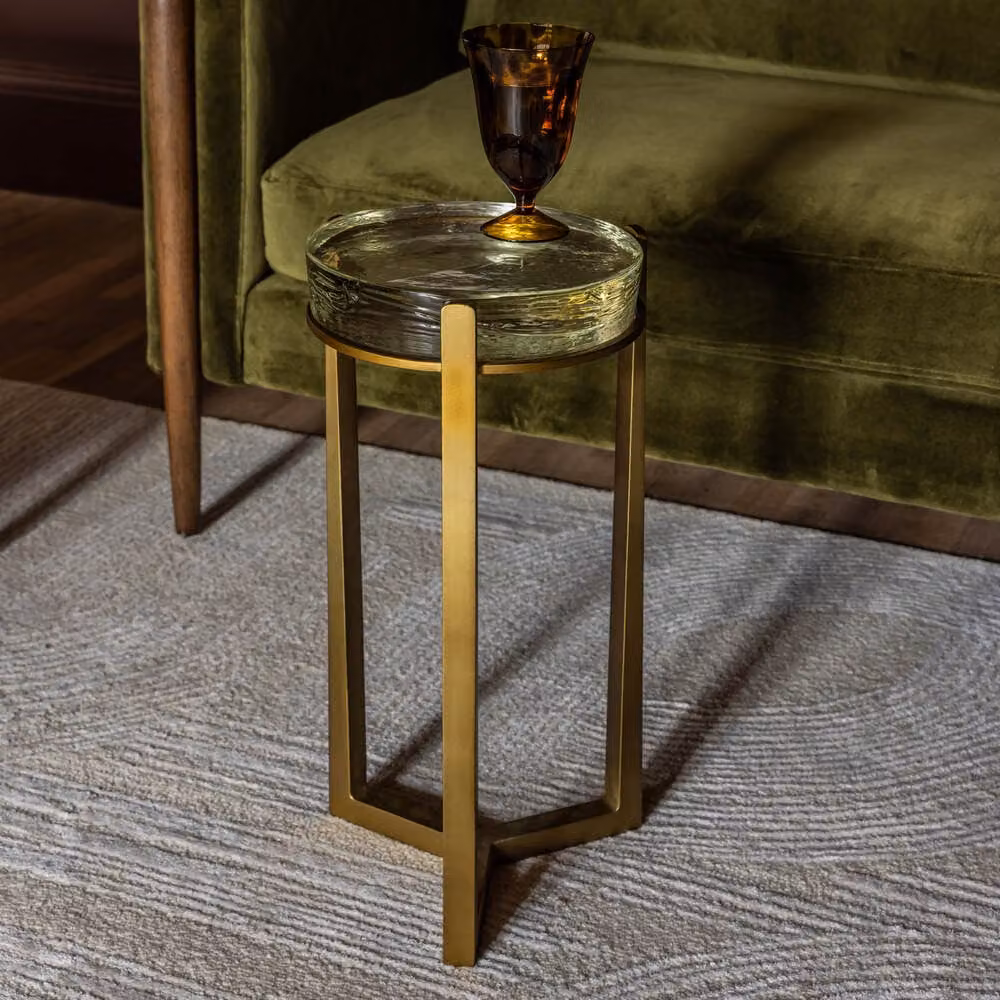 Atkin & Thyme Molten Round Side Table with Transparent Glass and Matt Gold Metal Base