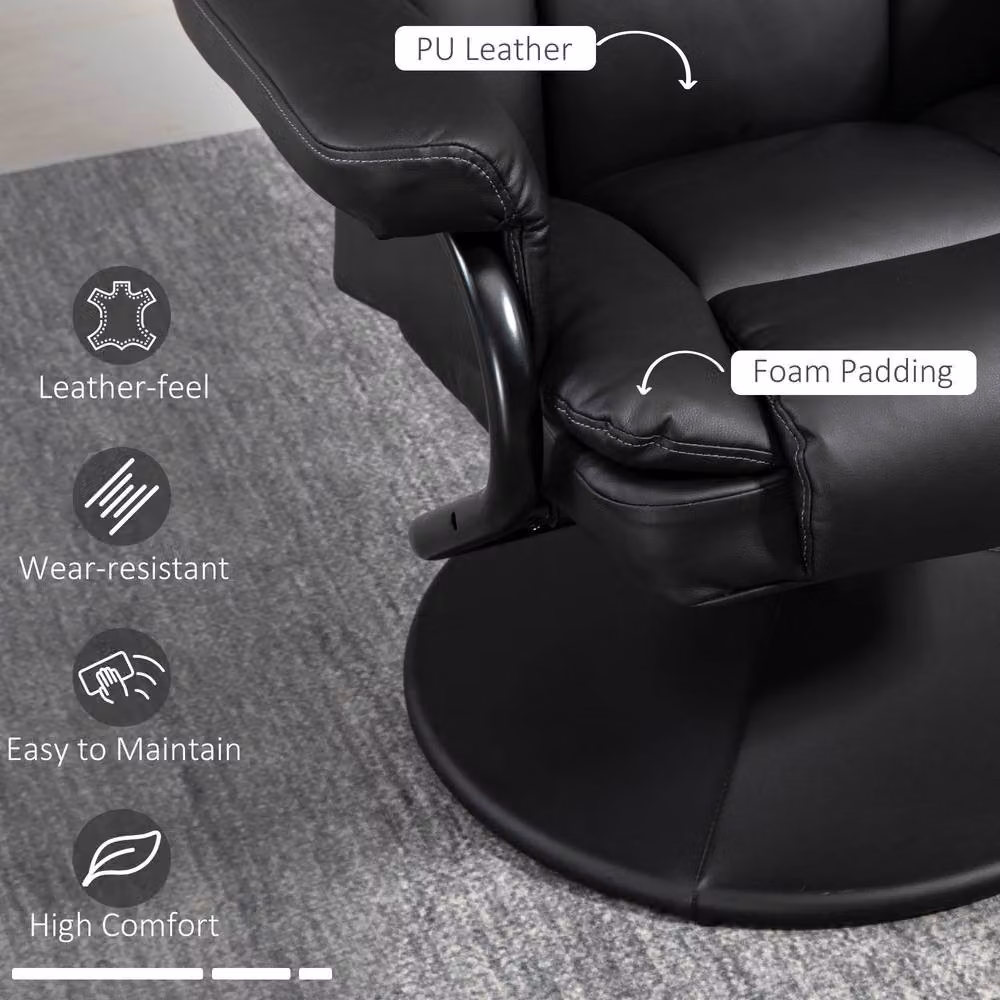 STILVORA Black Synthetic Leather Recliner Chair with Matching Footstool and 360 Degree Swivel Function – 6
