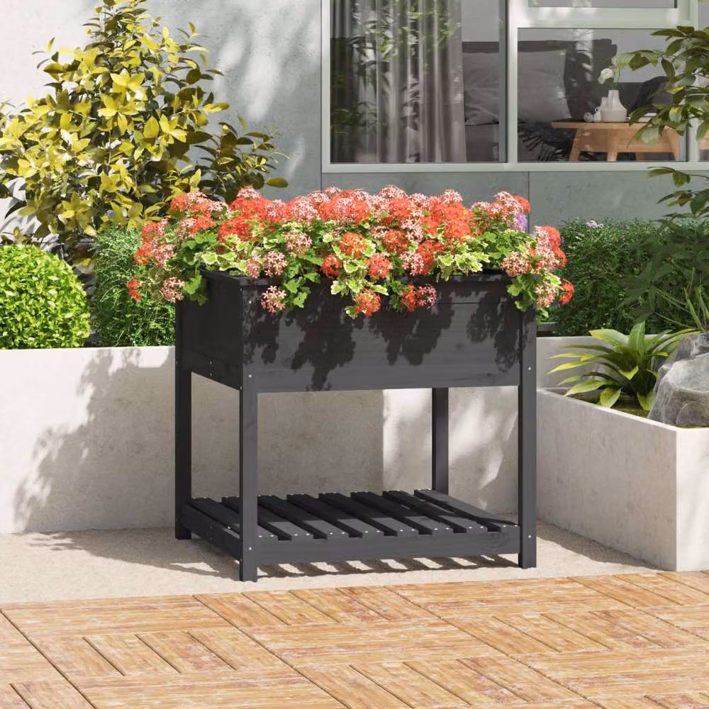 Berkfield Grey Rustic Pine Wooden Raised Bed Planter with Shelf W/D/H: 82.5 x 82.5 x 81 cm – 2