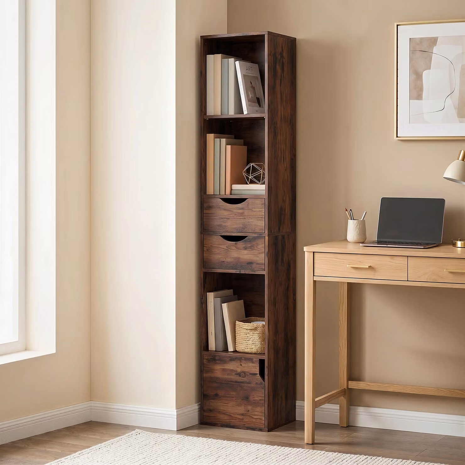HOMCOM Rustic Brown Bookcase with 2 Drawers, Adjustable Shelves and Cabinet, Height: 158 cm – 2