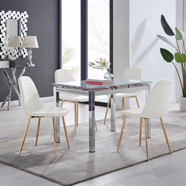 Furniturebox Enna White Glossy Glass Extending Dining Table and 4 Corona Gold Leg Chairs