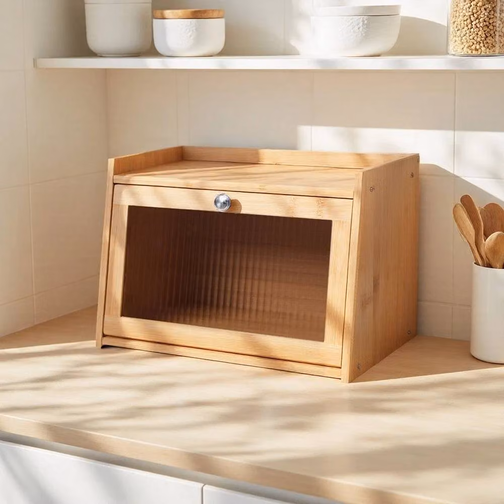 Kelvenix 2 Tier Bamboo Bread Storage Cabinet with Glass Doors in Brown and Beige – 5