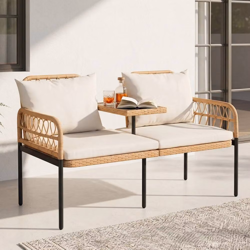 FORGEVIO 2 Seater Outdoor Companion Bench with Built-In Glass Table in Beige Polyrattan – 2