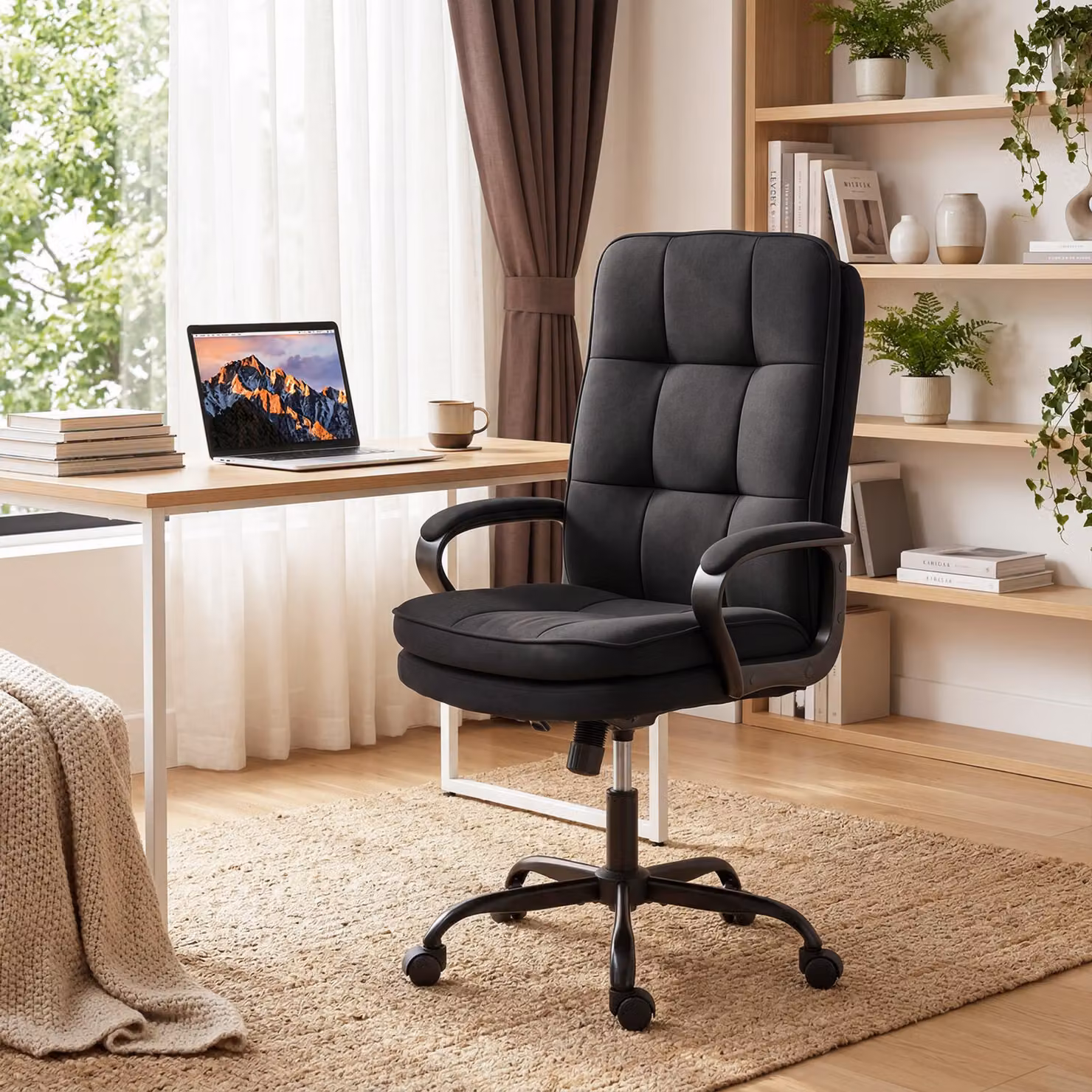 HOMCOM Black Linen-Look Double Padded Task Office Chair with Armrests and Castors – 2