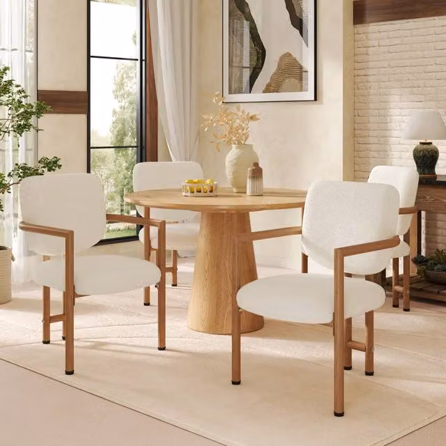 Merax Set of 2 Modern Beige Bouclé Dining Chairs with Wood Effect and Metal Legs – 1