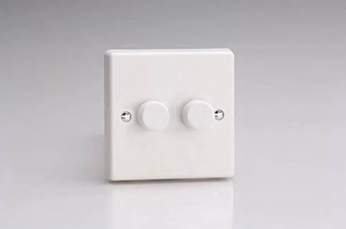 Varilight 2-Gang 1 or 2 Way 2x250 Watt Push On/Push Off Standard Dimmer Switch in White Plastic – 1