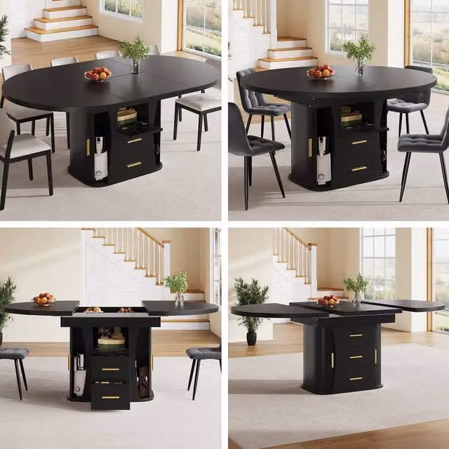 Matteo Black MDF Extendable Round to Oval Dining Table, 6 Seater, Matt Finish – 1