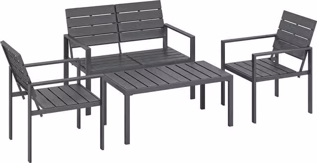 Outsunny 4 Piece Garden Furniture Set in Dark Grey with HDPE Slatted Loveseat, Armchairs, Coffee Table and Cushions