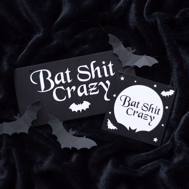 KDMK Bat Shit Crazy Moon Sign Hanging Square Typography Wall Art in Black