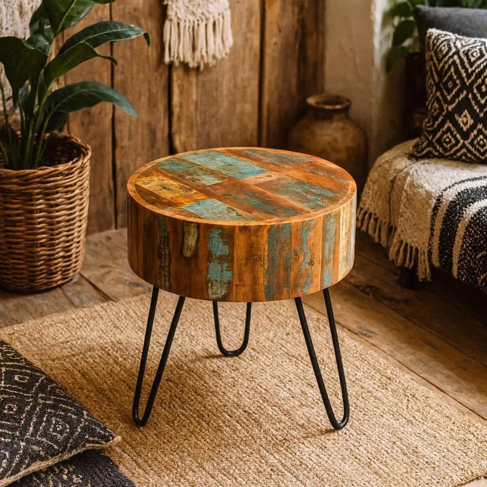 Wyld Haus Seattle Industrial Round Reclaimed Wood Drum Side Table with Metal Hairpin Legs in Brown and Black – 3
