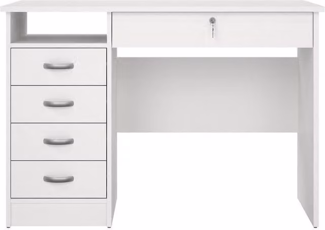 CALICOSY Modern White Writing Desk with 5 Drawers and Locking Feature