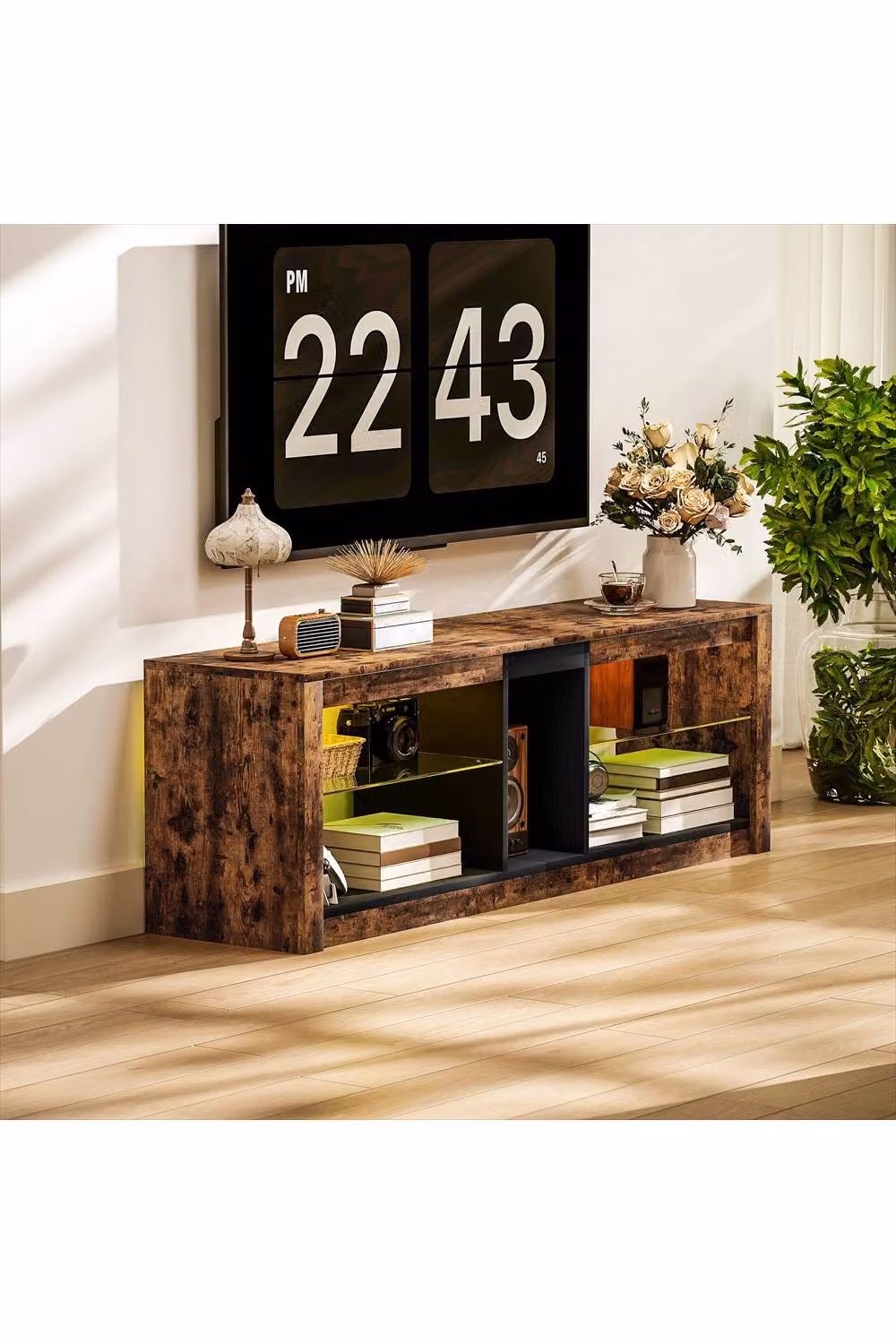 ERGOVEXA Rustic Brown TV Stand Cabinet with Integrated LED Lighting and Glass Details, W: 140 cm, D: 35 cm, H: 47 cm – 4
