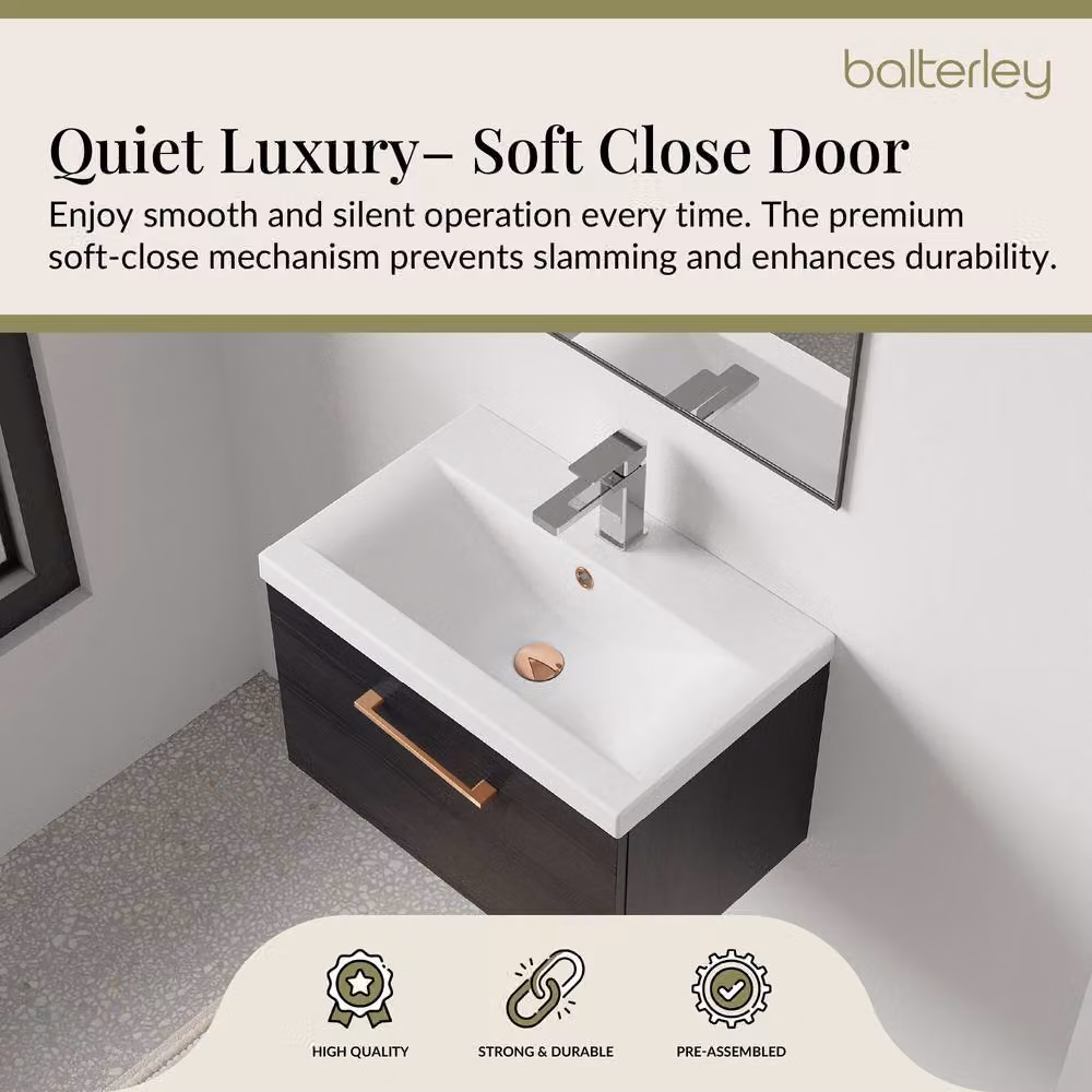 Balterley 600mm Wall Hung 1 Drawer Vanity Unit in Matt Woodgrain Black with Black Copper Handle – 3