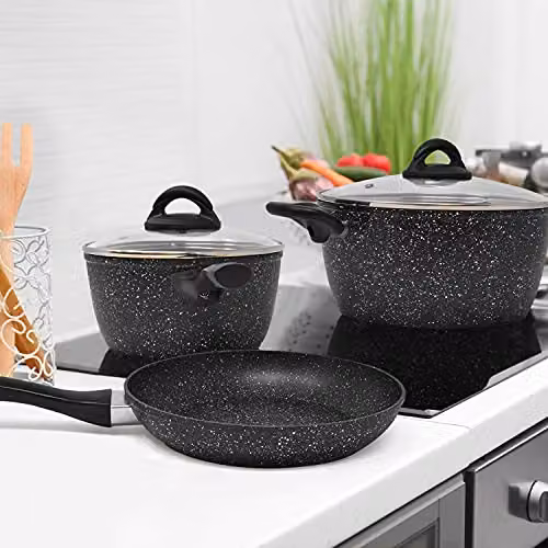 joeji's Kitchen 3 Piece Non Stick Frying Pan, Saucepan and Lid Set with Cool Touch Handles, Black – 4