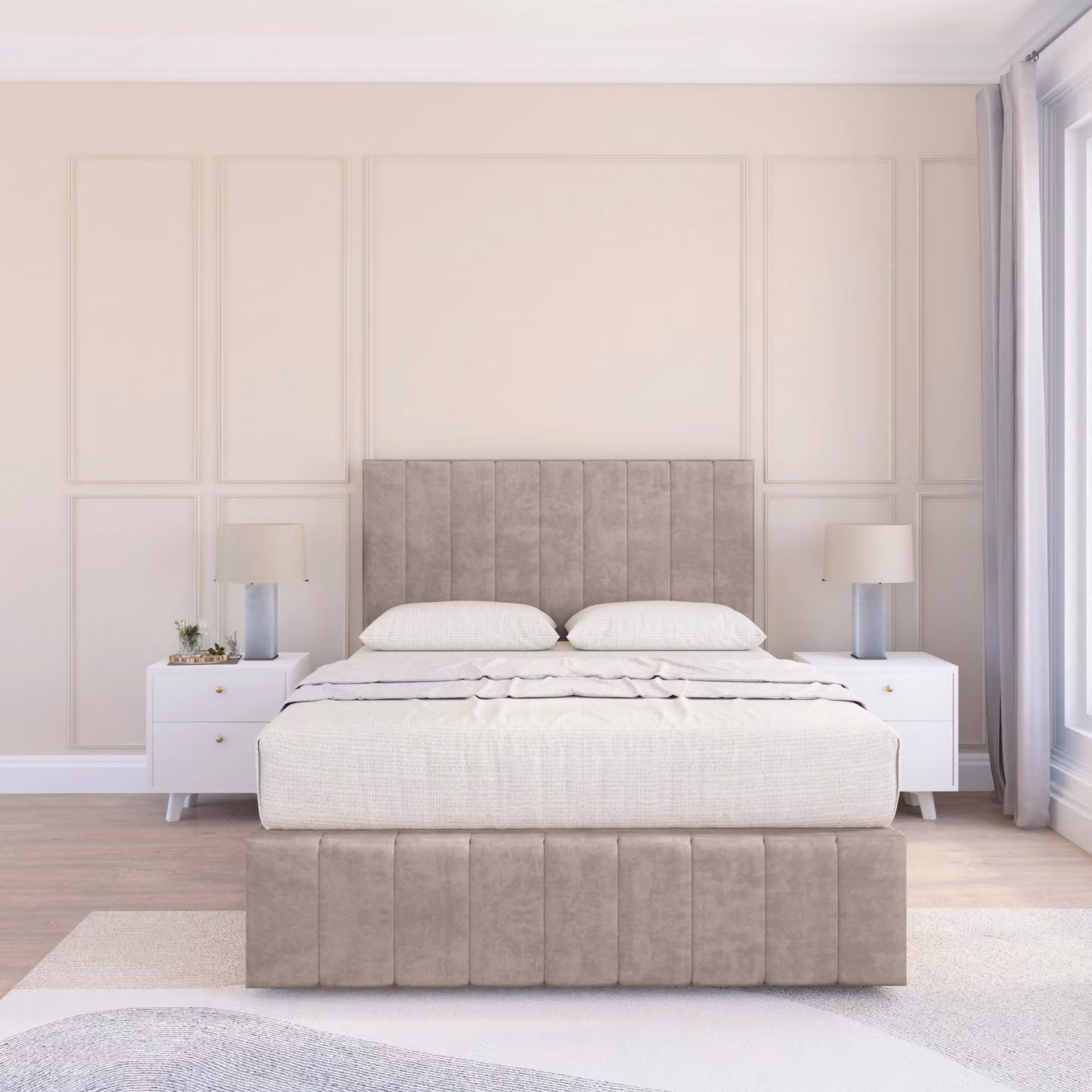 Sloomy California Divan Bed Base in Beige Velvet with 12 inch Footboard and 54 inch Floor Standing Headboard, Size: 120 x 200 cm