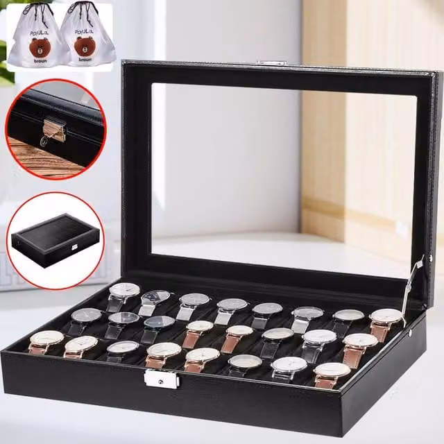 Uten Black Glass Jewelry Box and Watch Display Storage Holder with Lid