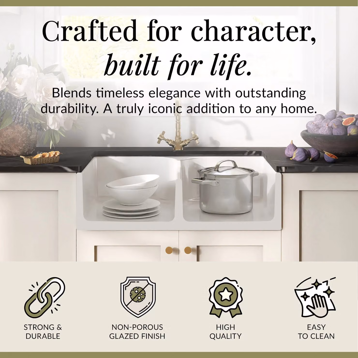Balterley White Ceramic 2 Bowl Stepped Weir Butler Sink with Brushed Brass Wastes and Tap, Width: 795 mm – 2
