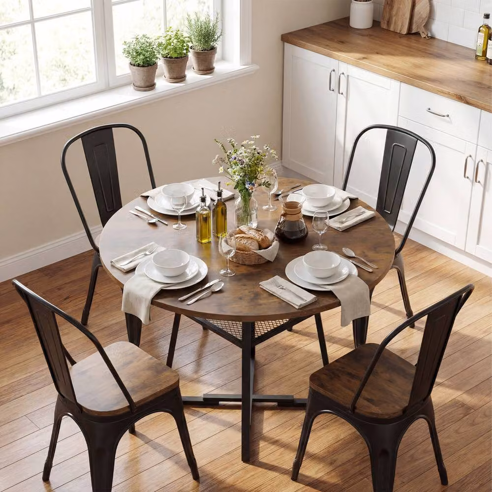 Gymax Industrial Round Dining Table in Brown with Rubberwood Top and Metal Legs, Diameter: 120 cm – 3