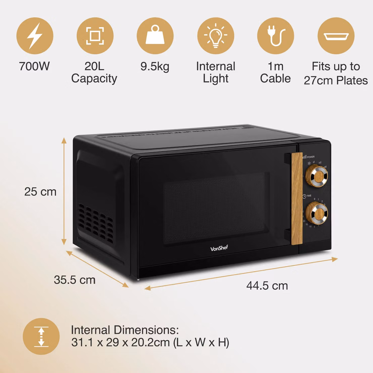 VonShef Fika 20L Solo Countertop Microwave in Black and Wood – 5