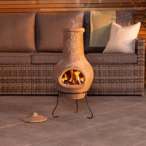 Charles Bentley Clay and Steel Chiminea Patio Heater in Grey or Beige, H 80 cm x W 35 cm