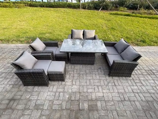 Fimous Rattan Garden Furniture Set with Rising Lifting Table, Double Seat Sofa and 2 Small Footstools in Dark Grey