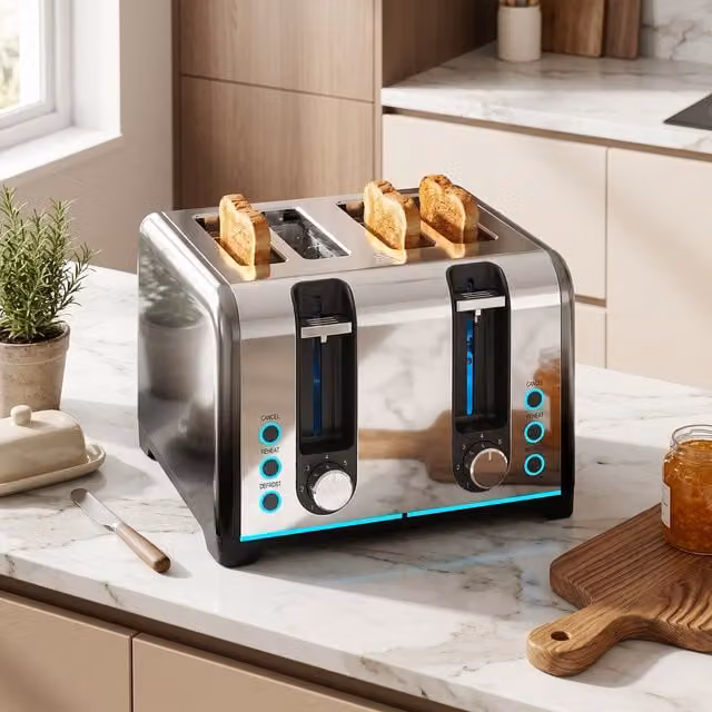 HOMCOM 2 Slice Stainless Steel Toaster with 7 Browning Levels and Reheat Function, Black and Silver, 1860W