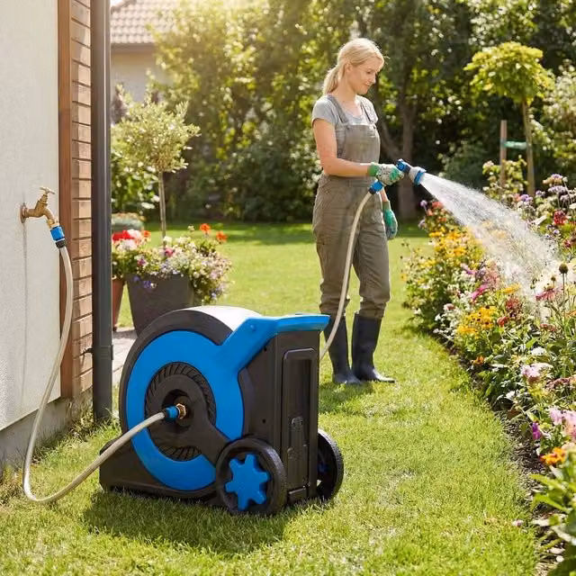 Kelvenix Blue Automatic Wall-Mounted Retractable Garden Hose Reel with Wall Bracket – 1
