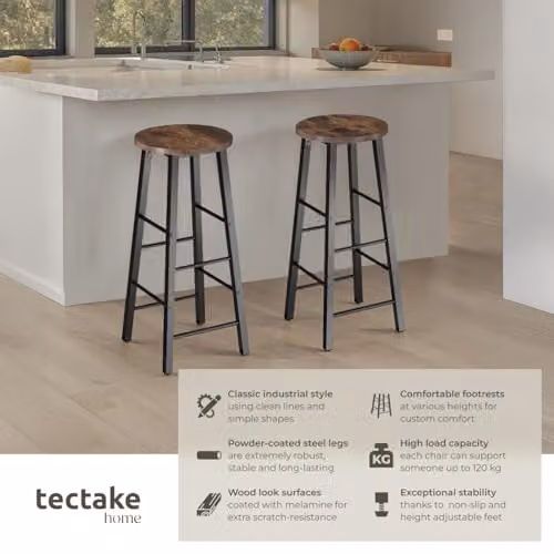 tectake Set of 2 Modern Minimalist Bar Stools with Industrial Steel Frames and Wood-Look Seats in Brown – 4