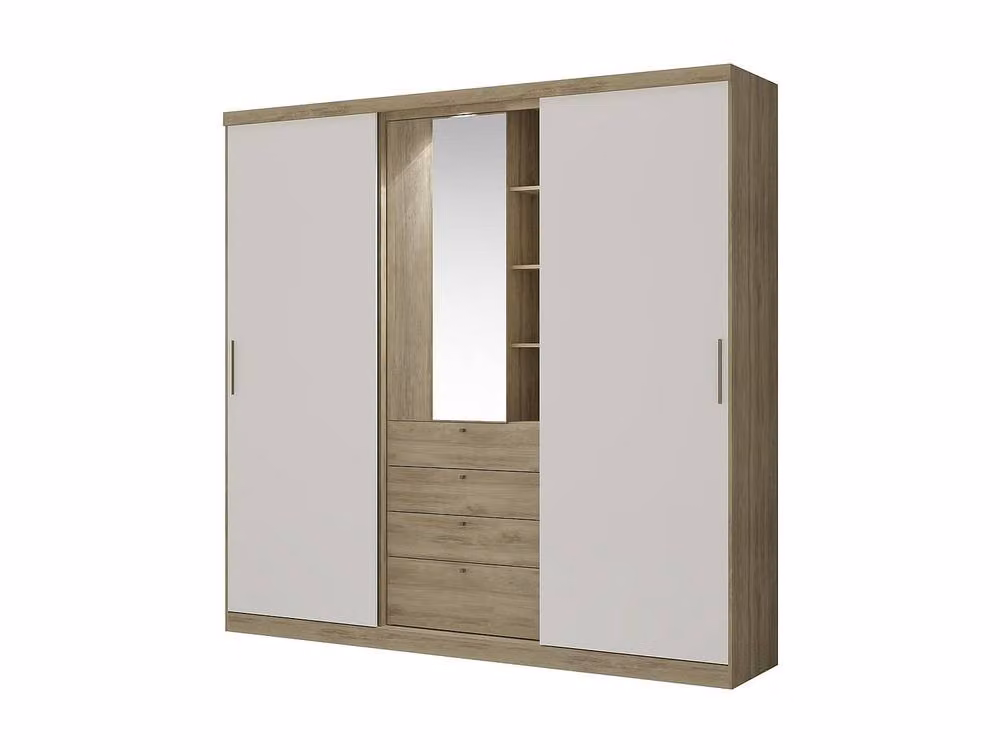 Vente-unique Modern 2 Sliding Door Wardrobe with Mirror, Internal Drawers and LED Lighting in Natural and Light Oak, W: 240 cm, H: 231 cm, D: 53 cm – 2
