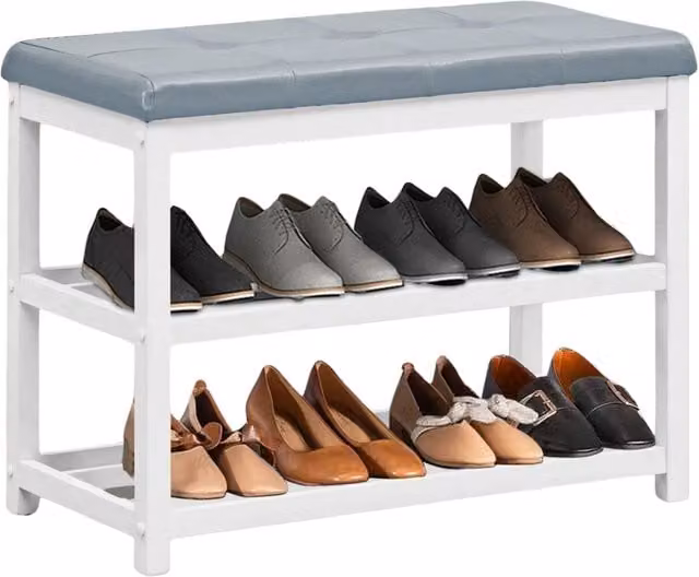 Pirlo Plush Grey 2 Tier Wooden Shoe Rack Bench with Synthetic Leather Seat