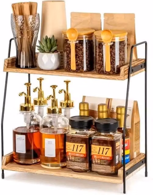 FORGEVIO 2 Tier Wooden Spice Rack and Herb Jar Holder in Brown
